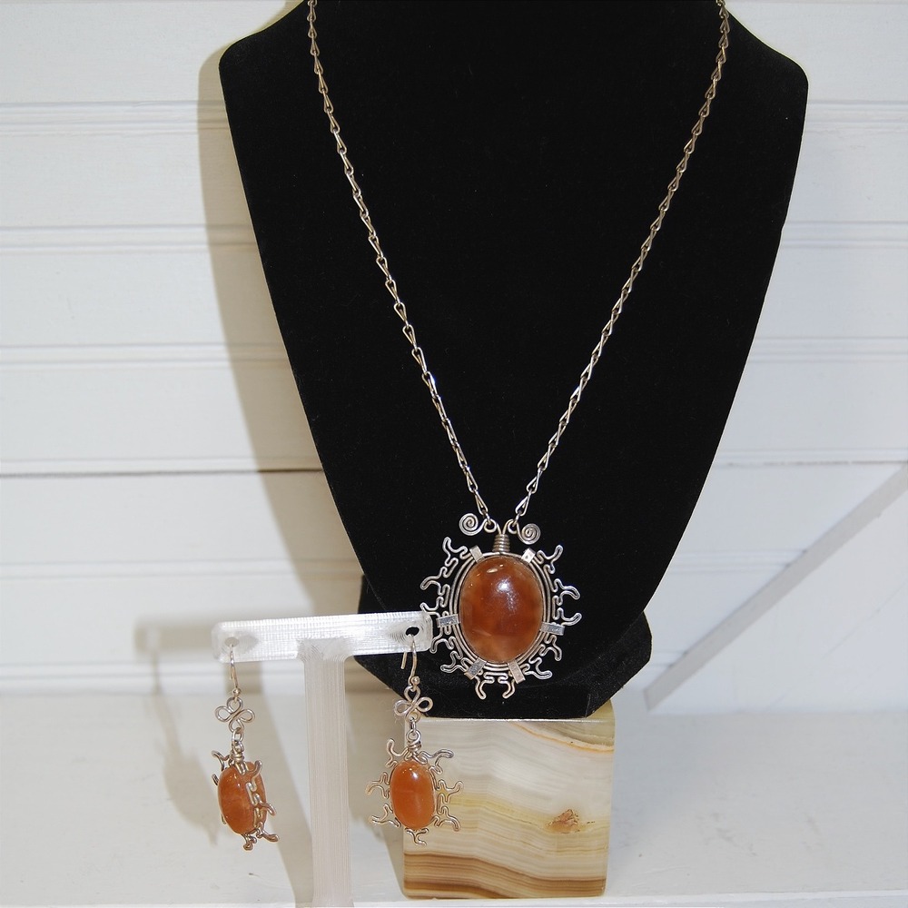 Vintage Silver Jewelry Wire-wrapped Carnelian gemstones Earrings Necklace
